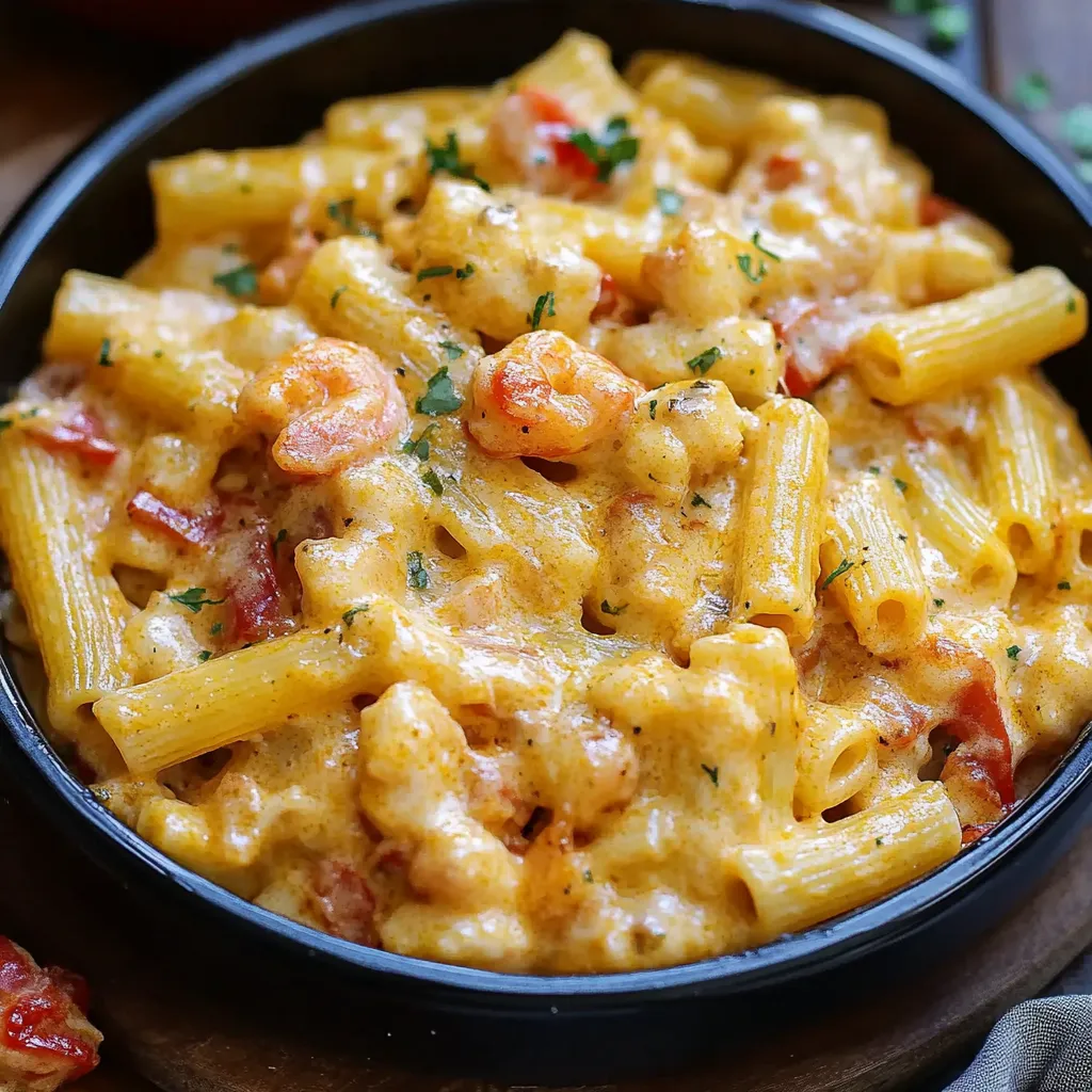 Una cazuela con macaroni y camarones.