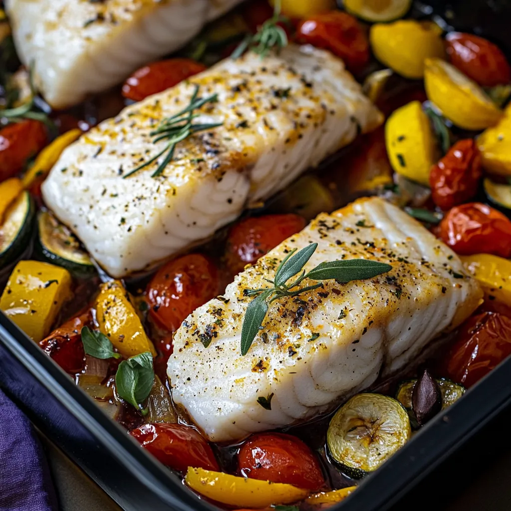 Un plato de pescado con verduras.