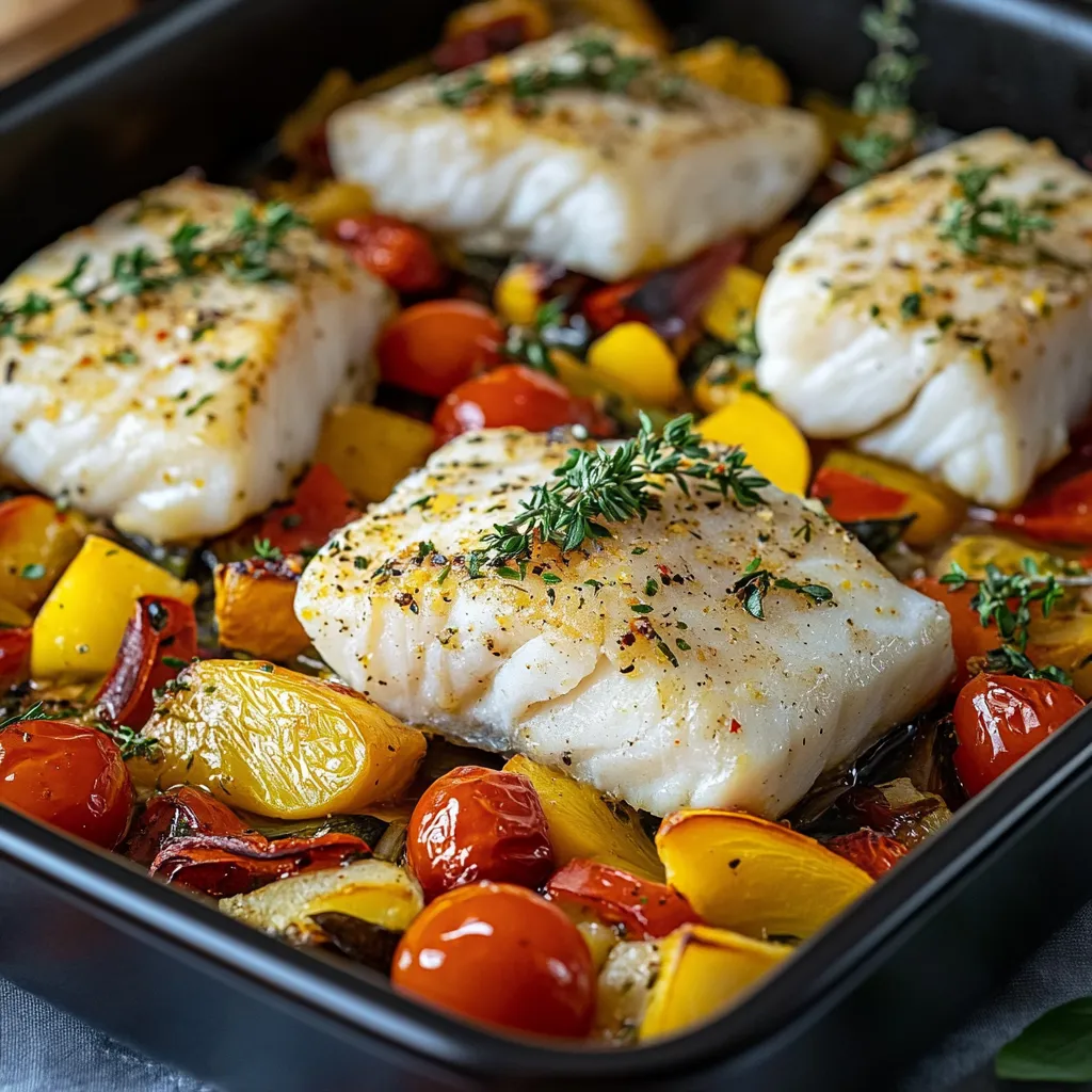 Un plato de pescado con verduras.