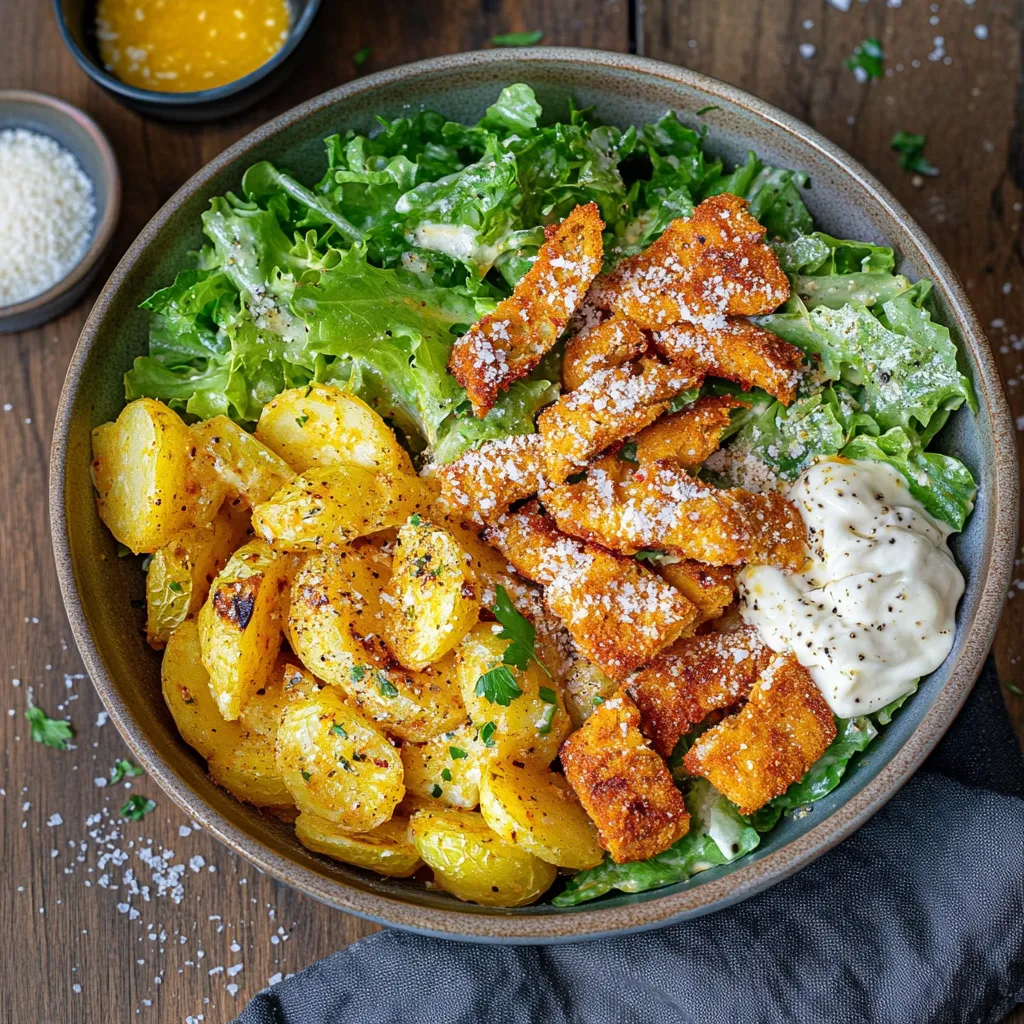 Un plato de ensalada con pollo y papas.