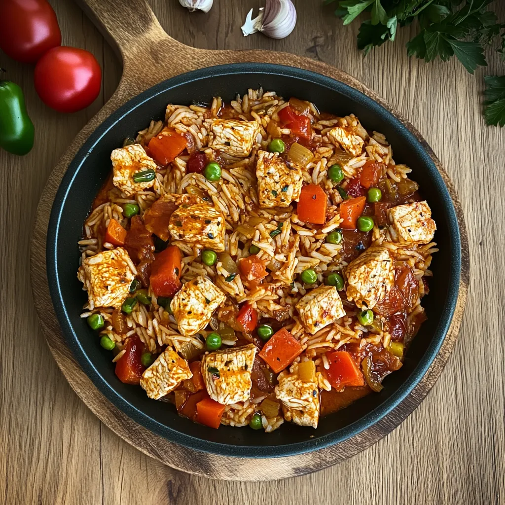 Un plato de arroz con carne y verduras.