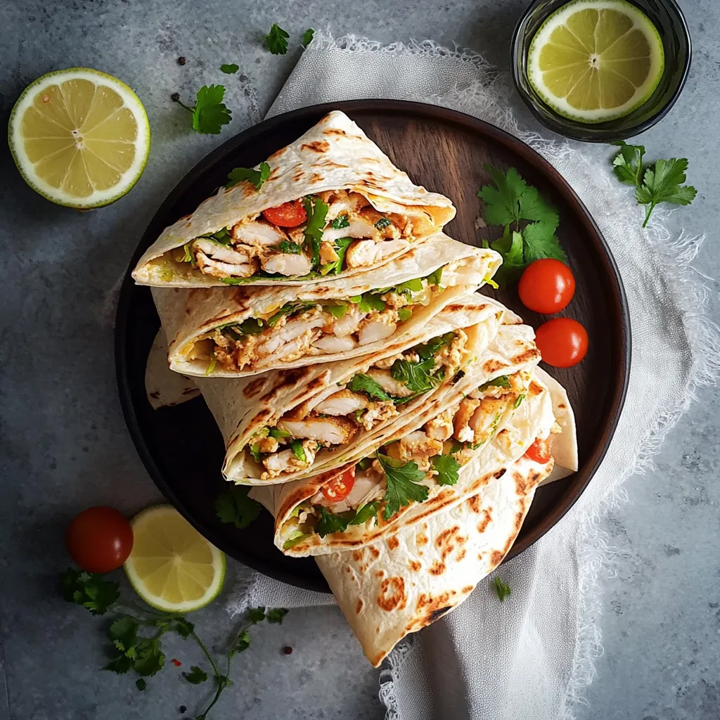 Tres tortillas de pollo con verduras y limones.