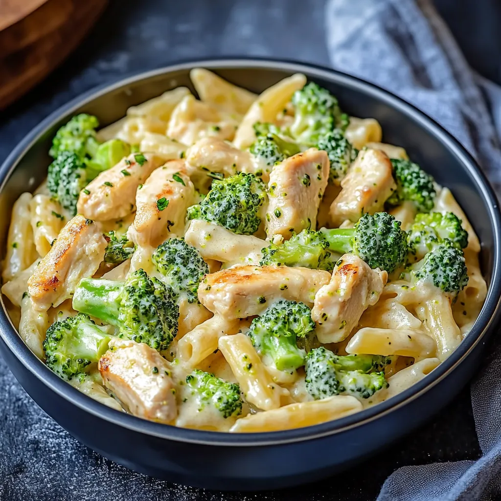 Una cacerola llena de pasta con chicken y broccoli.