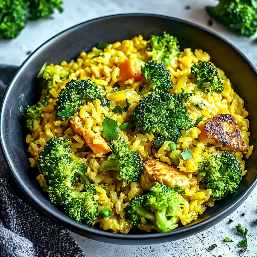 Rice con vegetales y carne.