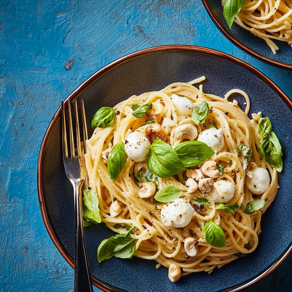 Plate of pasta with mushrooms and spinach.