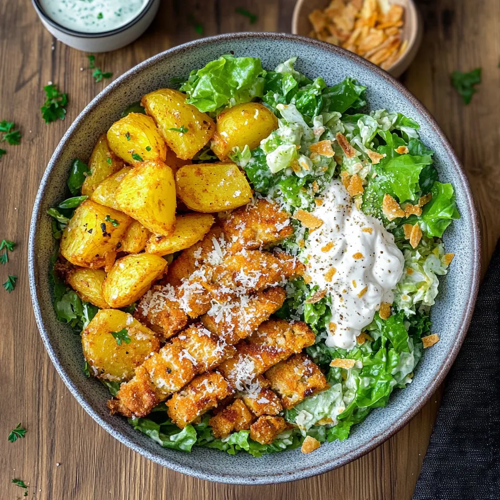 Un plato de ensalada con pollo y papas.