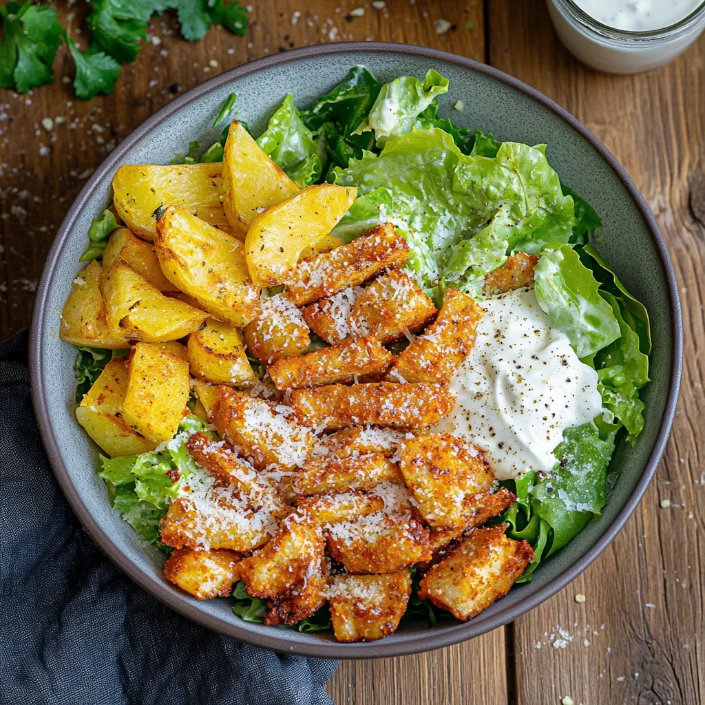 Un plato de ensalada con pollo y vegetales.