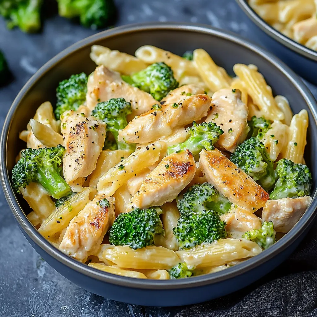 Plato de pasta con pollo y verduras.