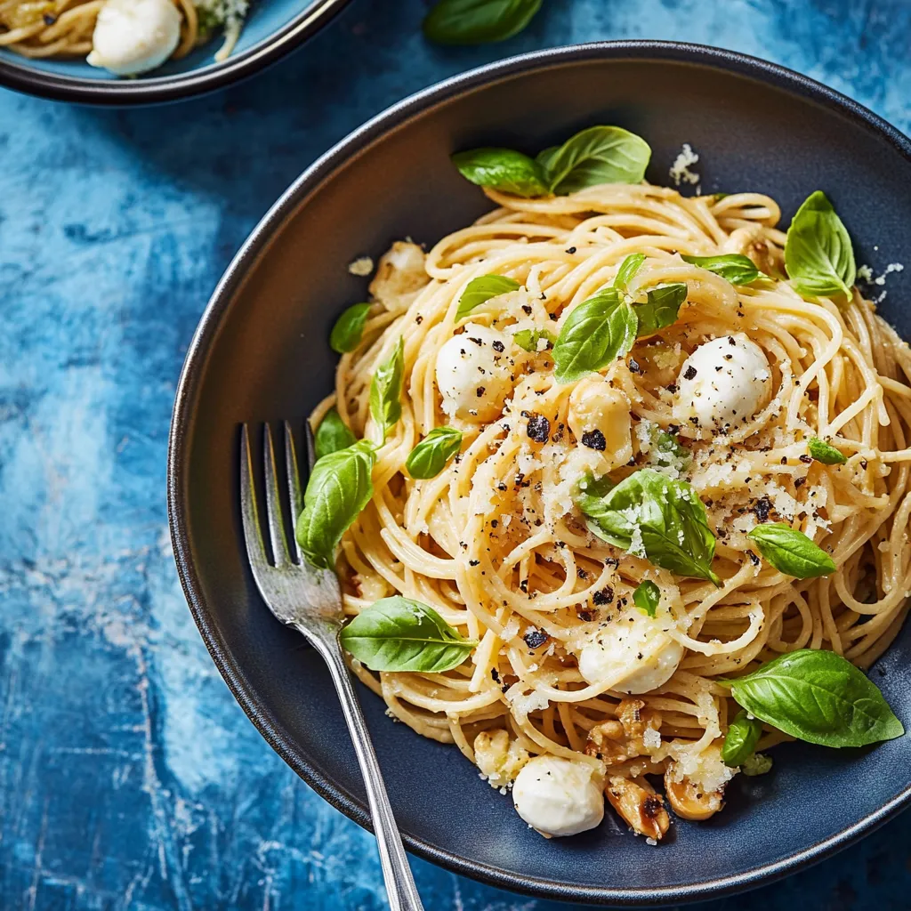 Plato de spaghetti con verduras y queso.