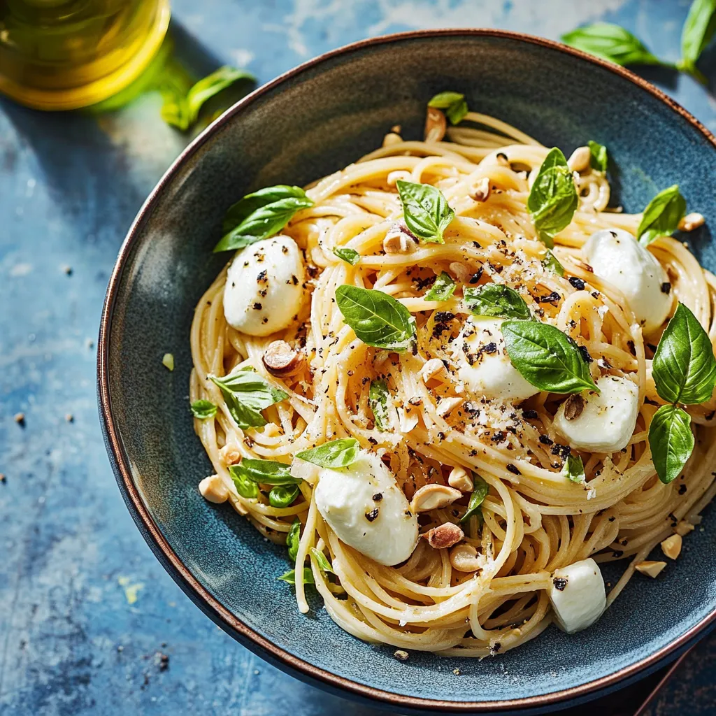 Una porción de spaghetti con aguacate y perejil.
