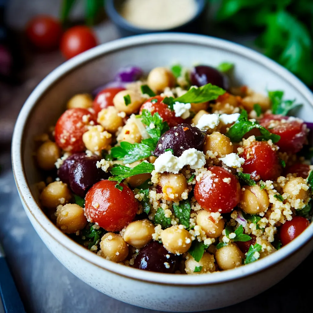 Ein großer Becher mit einer Mischung aus Chickpeas, Tomaten, Zwiebeln und Oliven.