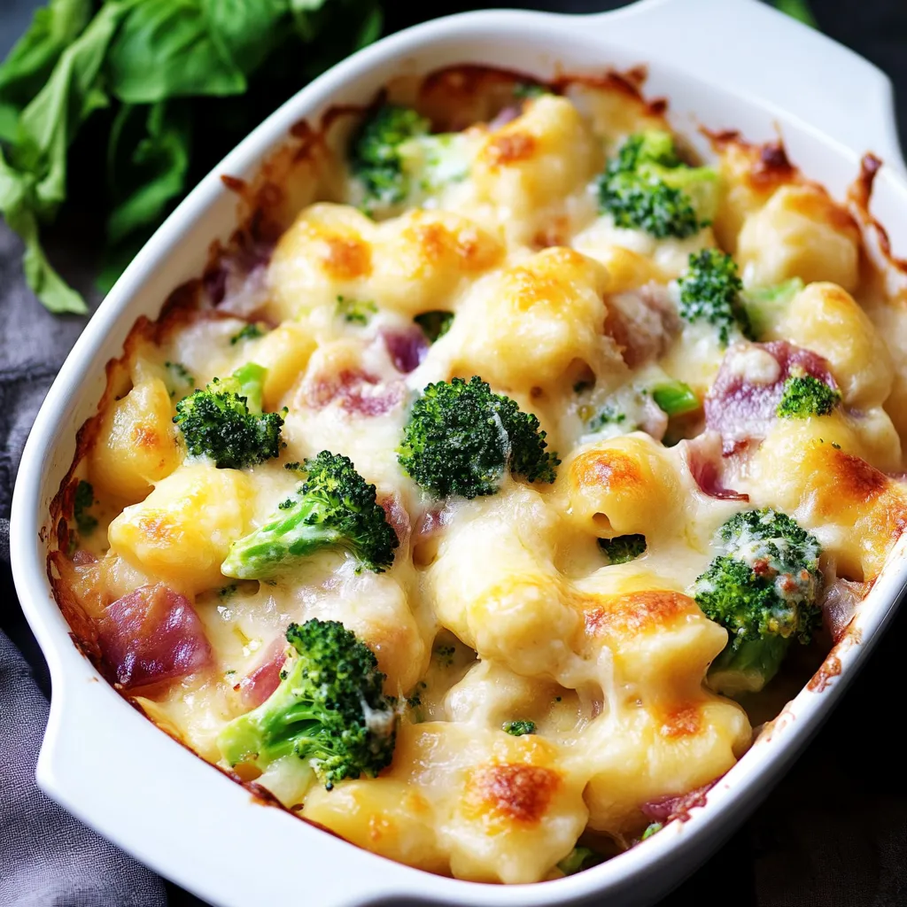 Ein weißer Teller mit einer Mischung aus Käse, Broccoli und Zwiebeln.