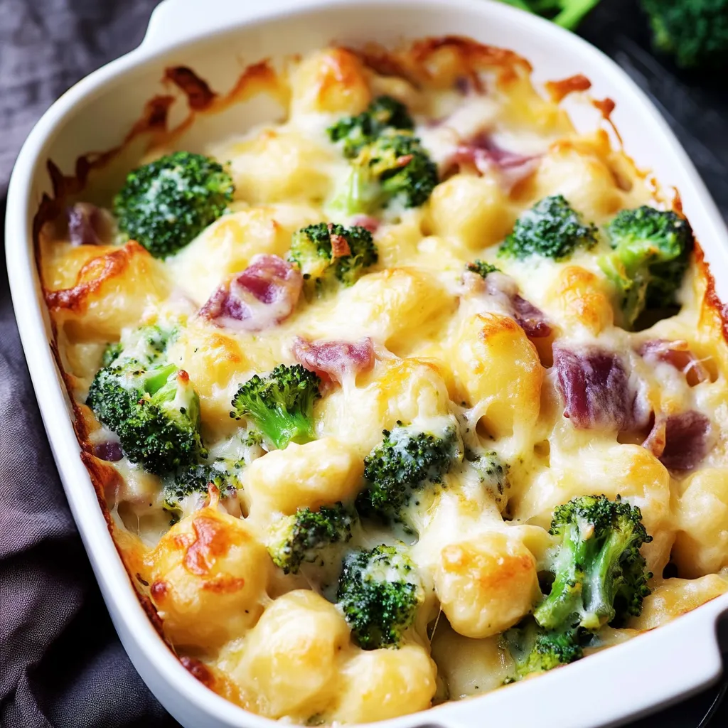 Ein weißer Teller mit einer cremigen Pasta-Topping, die mit vielen grünen Brokkoli-Streifen durchsetzt ist.