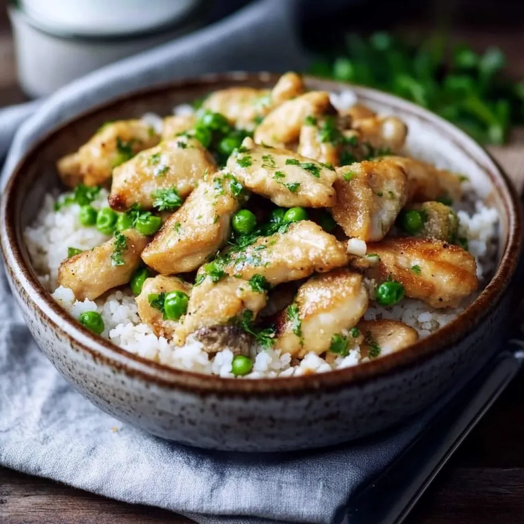 Ein Schalen mit Rice und Chicken.