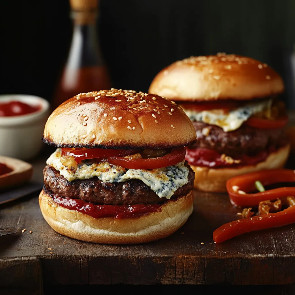 Zwei Hamburger mit Ketchup und Mayonnaise auf einem Tisch.