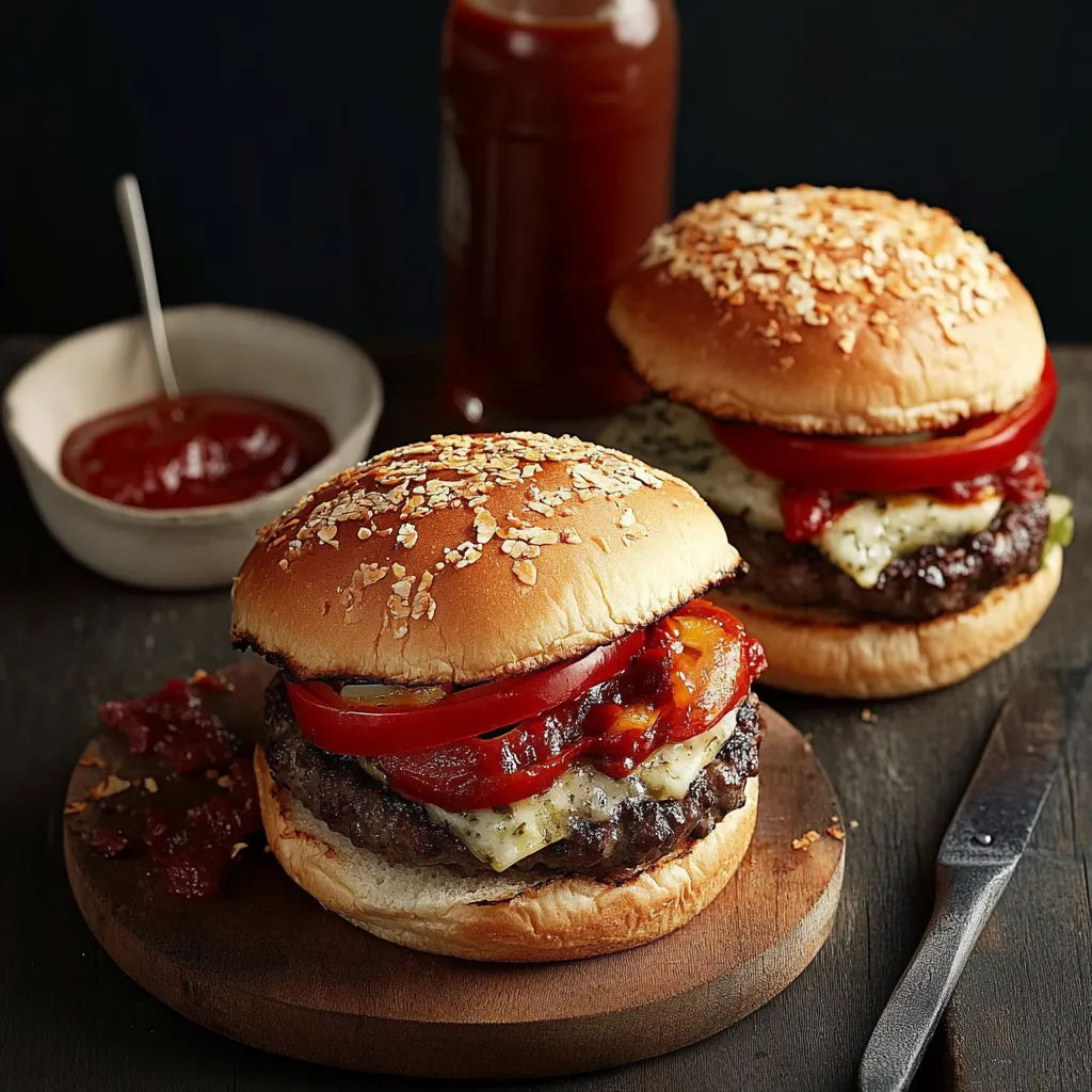 Zwei Hamburger mit Tomaten, Ketchup und Mayonnaise auf einem Tisch.