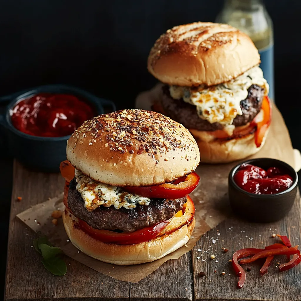 Zwei Hamburger mit Ketchup und Mayonnaise auf einem Tisch.