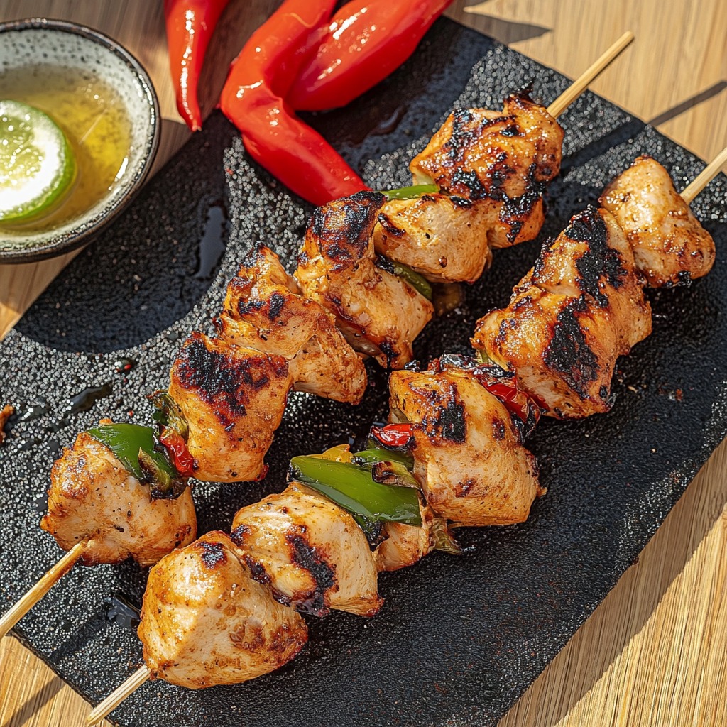 Eine Platte mit grillierten Hühnchenstiften, gegrillten Zwiebeln und roten Paprika.
