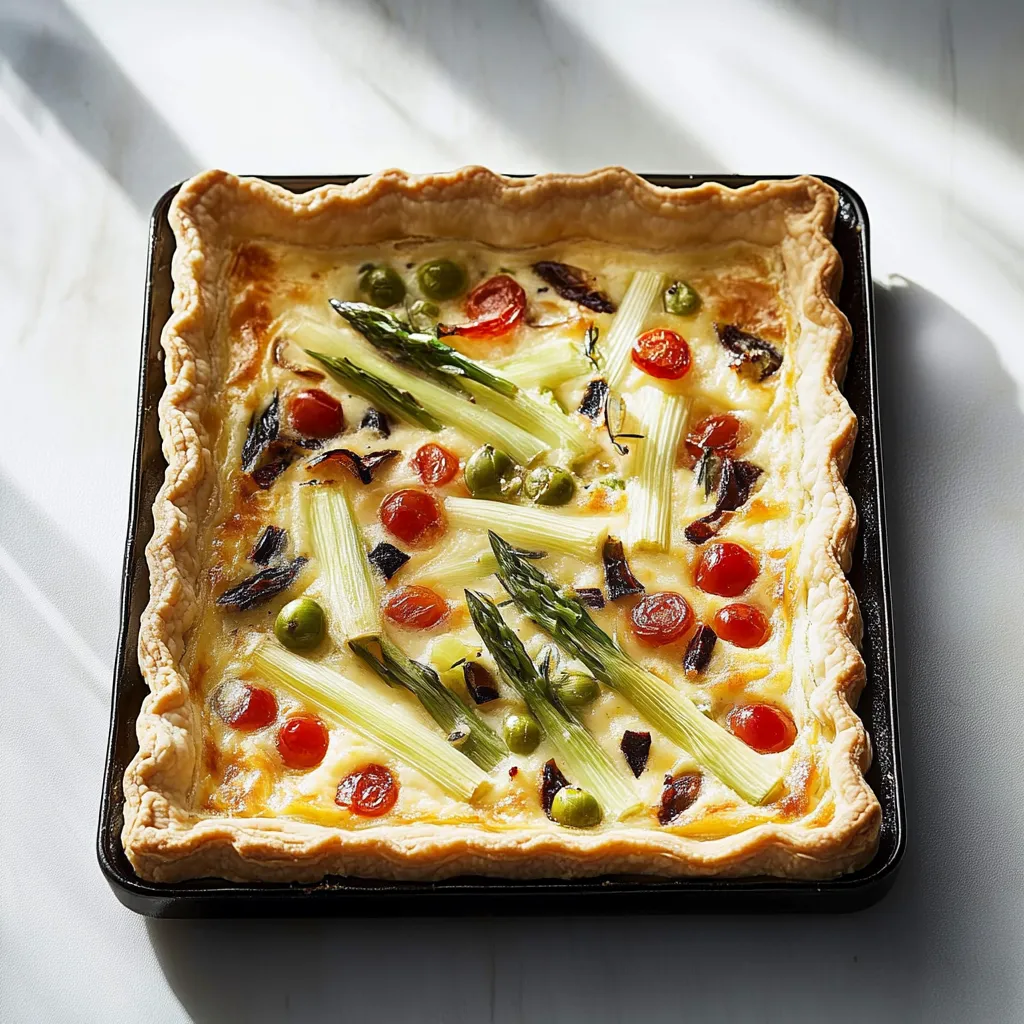 Ein quadratischer, schwarz-weißer Teller mit einer Zwiebel-Tomaten-Topping.