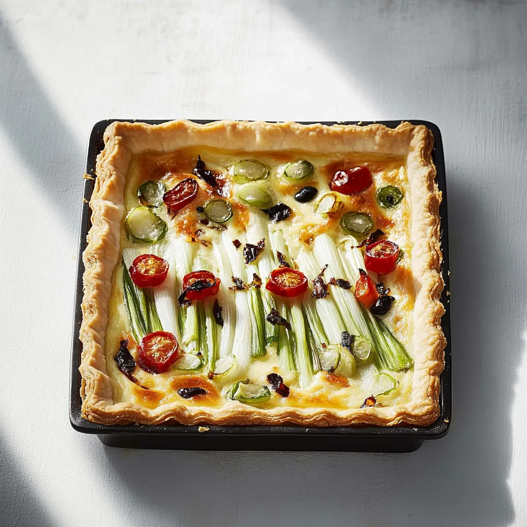 Ein Quarkkuchen mit Zwiebeln und Tomaten.