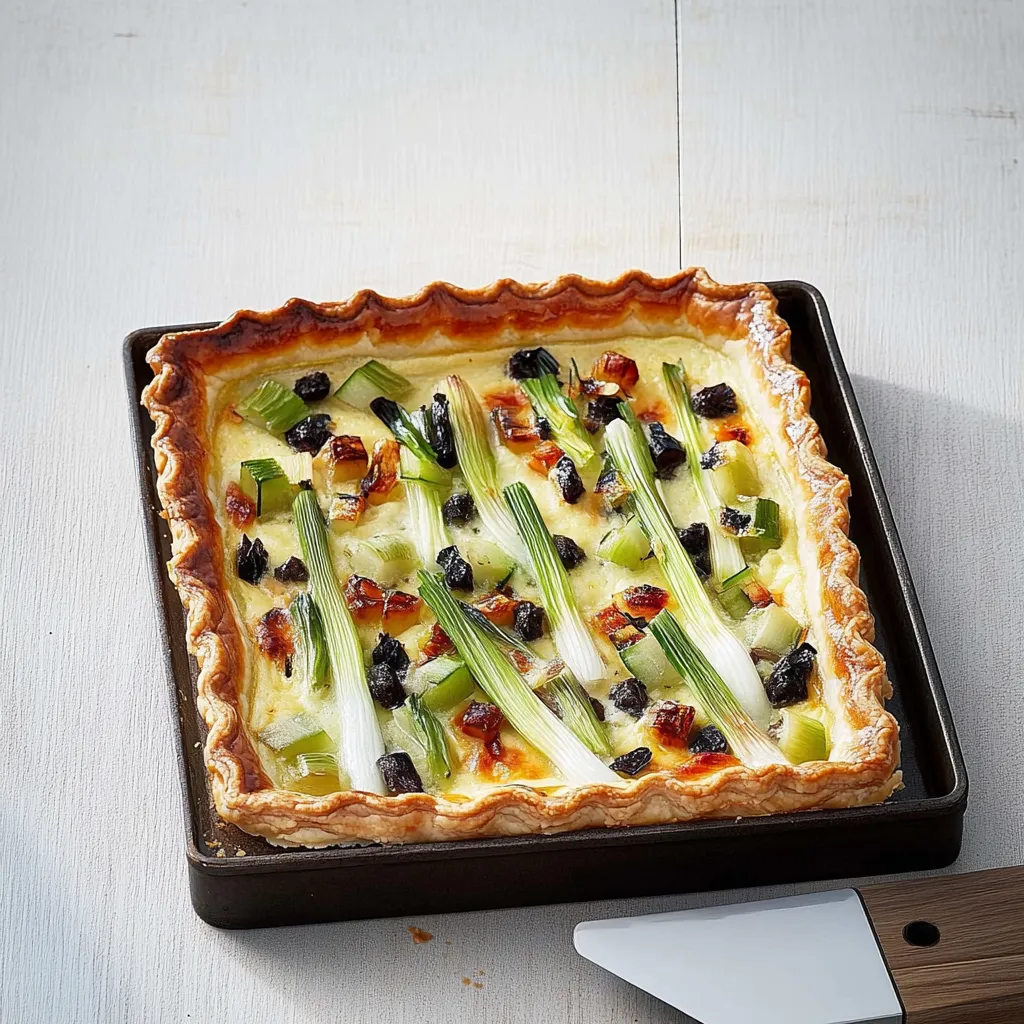 Ein Quarkkuchen mit Zwiebeln und Oliven auf einem Tisch.