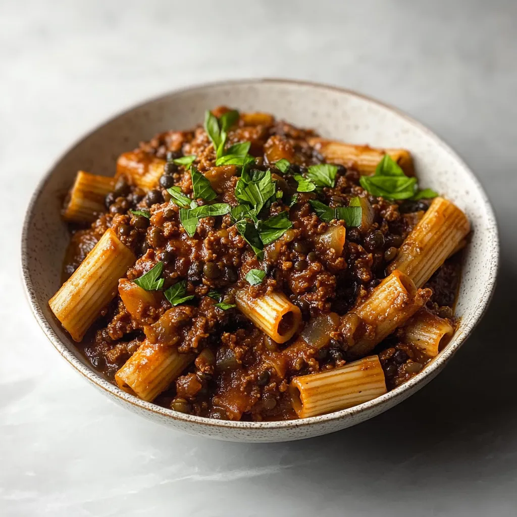 Ein weißer Teller mit einer Mischung aus Pasta, Kartoffeln, Zwiebeln und Rindfleisch.