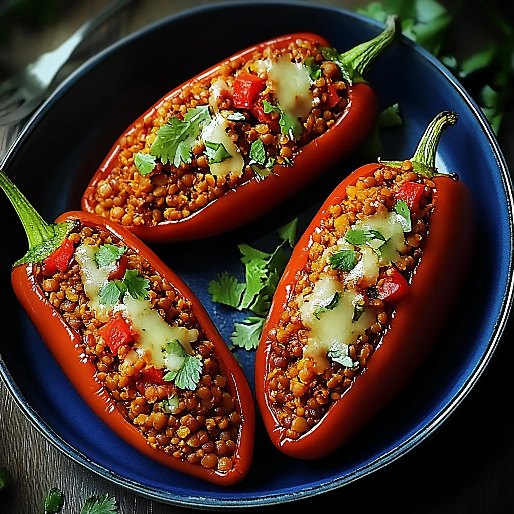 Zwei rote Paprika mit grünen Zwiebeln auf einem blauen Teller.