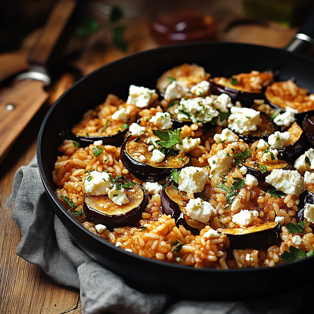 Ein Schalen mit Rice, Eggplant, Zucchini, Tomaten, Olivenöl und Feta-Käse.