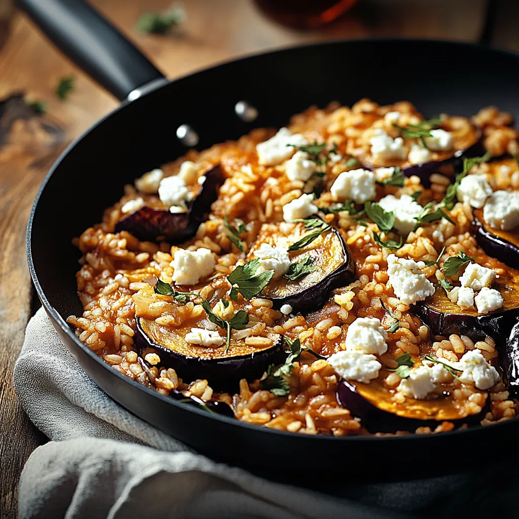 Ein schönes Gericht in einem Topf mit Rice, Eggplant, Zwiebeln und Käse.