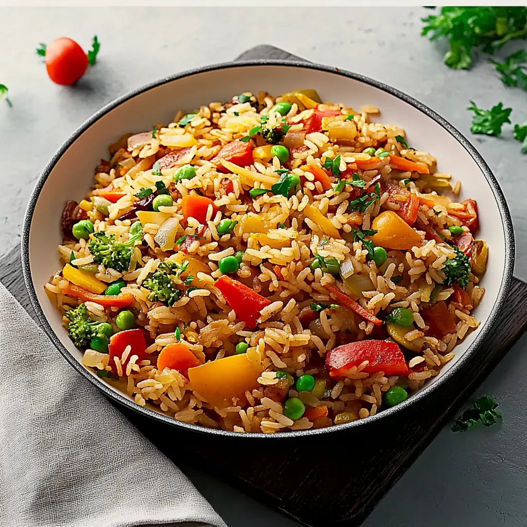 Ein Schüssel mit Reis und Gemüse, darunter Karotten, Tomaten, Zwiebeln und Peas.