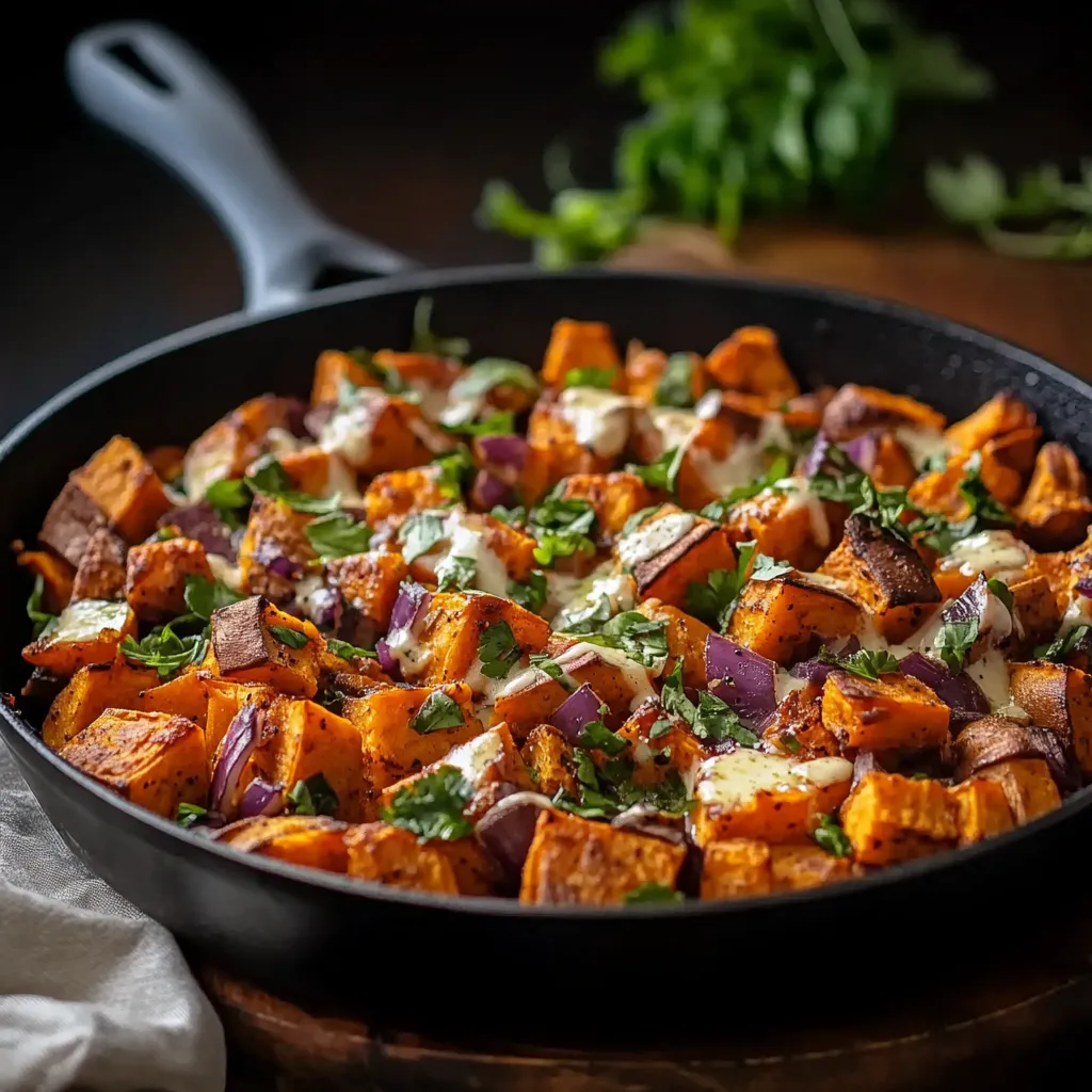 Ein schwarzes Pan mit einer Mischung aus Kartoffeln, Zwiebeln und Käse.