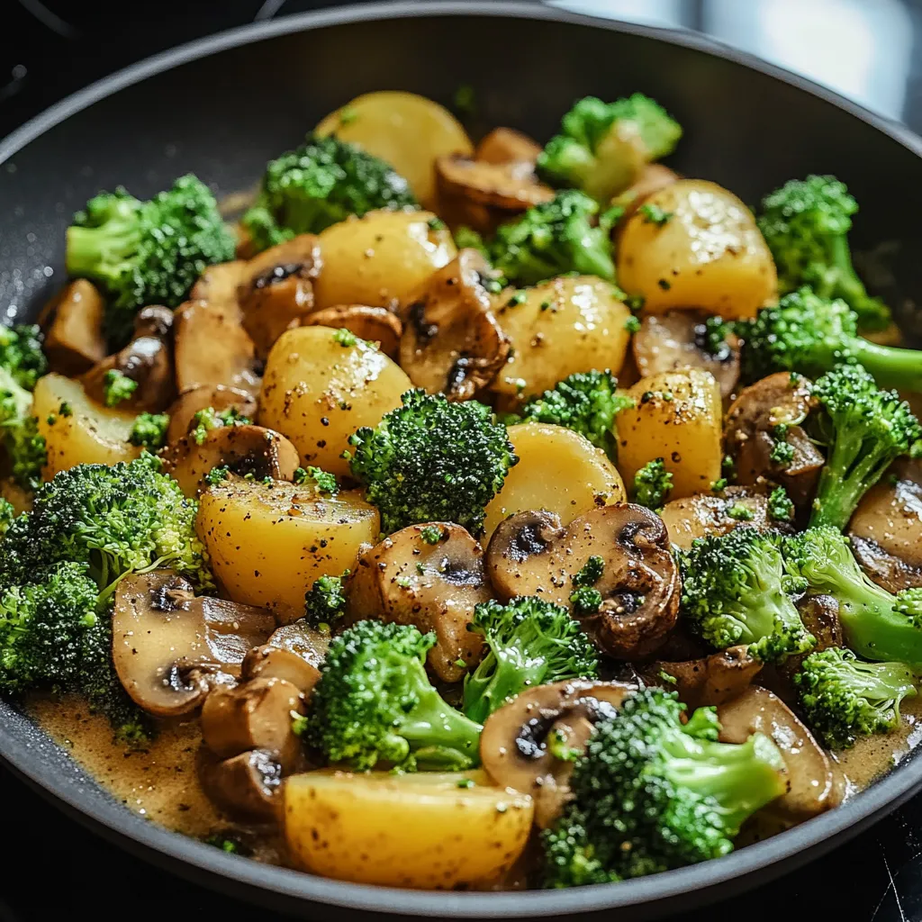 Ein Schalen mit einer Mischung aus Kartoffeln, Broccoli und Champignons.