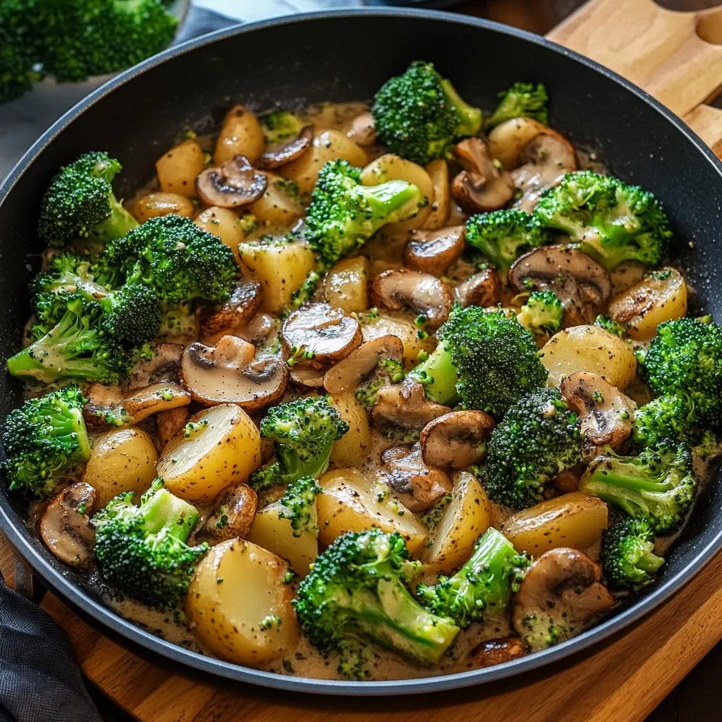 Ein Schalen mit einer Mischung aus Kartoffeln, Broccoli und Champignons.