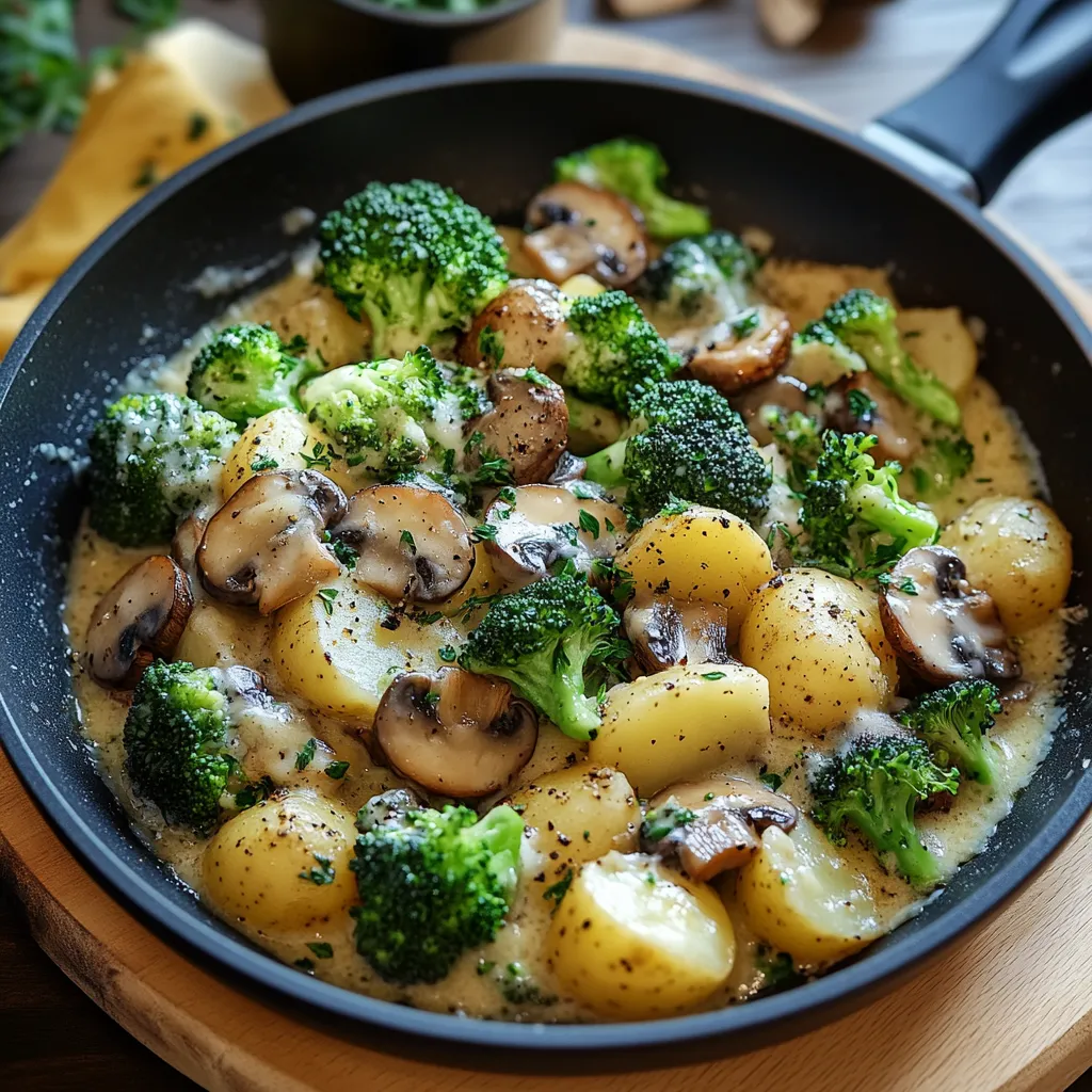 Eine Schüssel mit einer Mischung aus Kartoffeln, Brokkoli, Mushrooms und Zwiebeln.