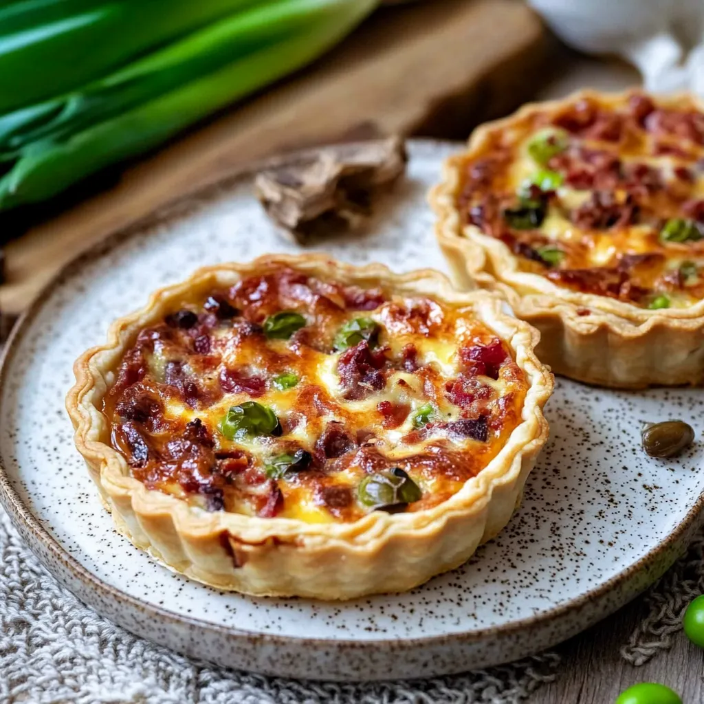 Zwei kleine, runde, mit Zwiebeln und Käse gefüllte Käsekuchen auf einem Teller.