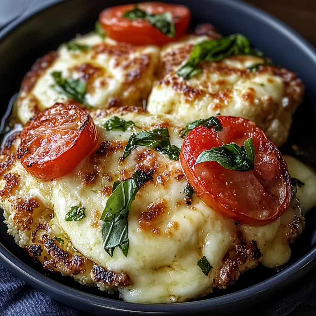 Ein Schmelztart mit Käse und Tomaten in einem schwarzen Teller.