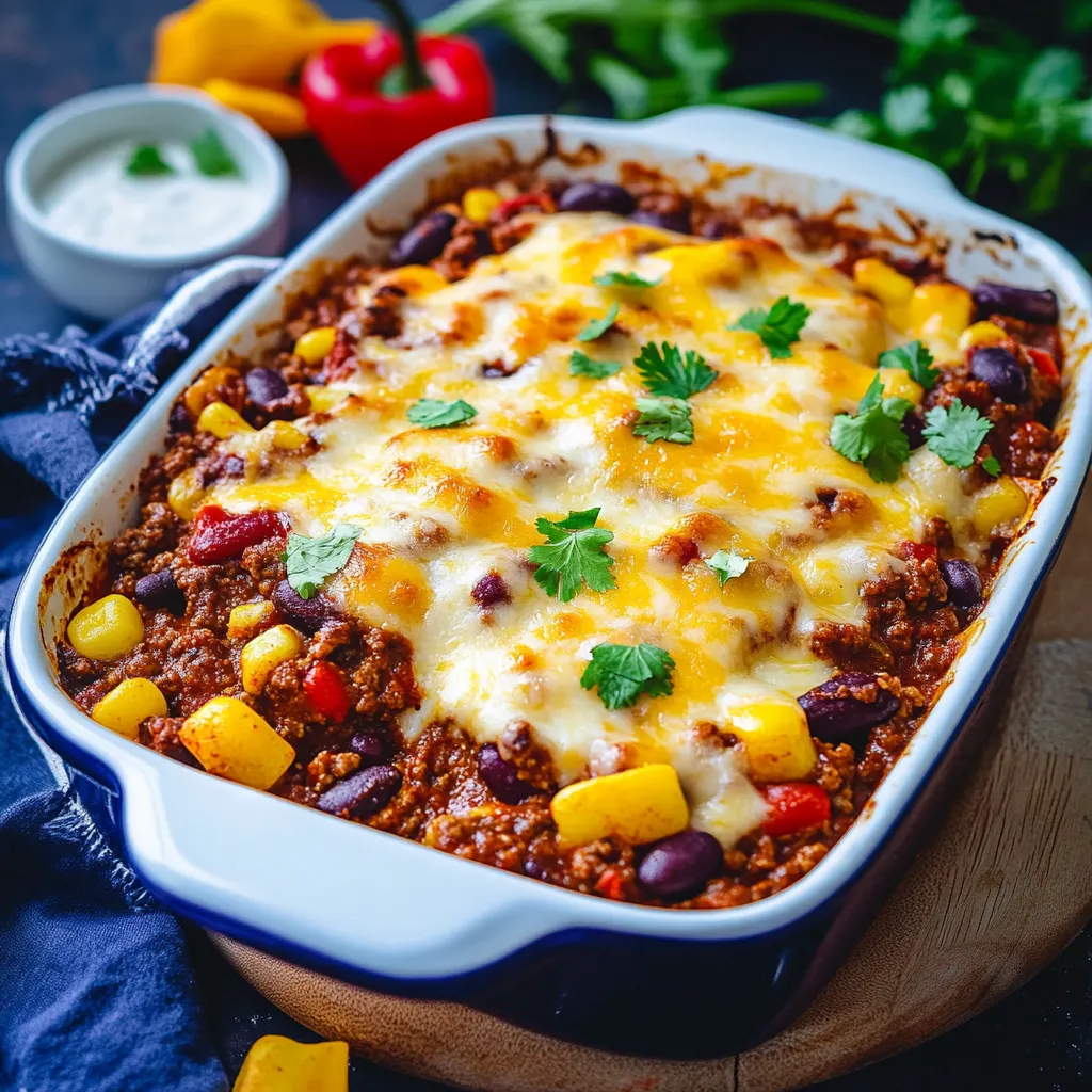 Ein Schälchen mit Chili, Käse und Gemüse auf einem Teller.