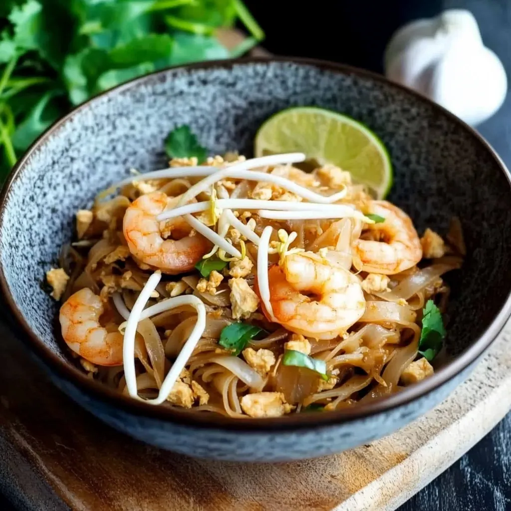 Ein Schmelztopf mit Shrimp, Noodles und Zwiebeln.