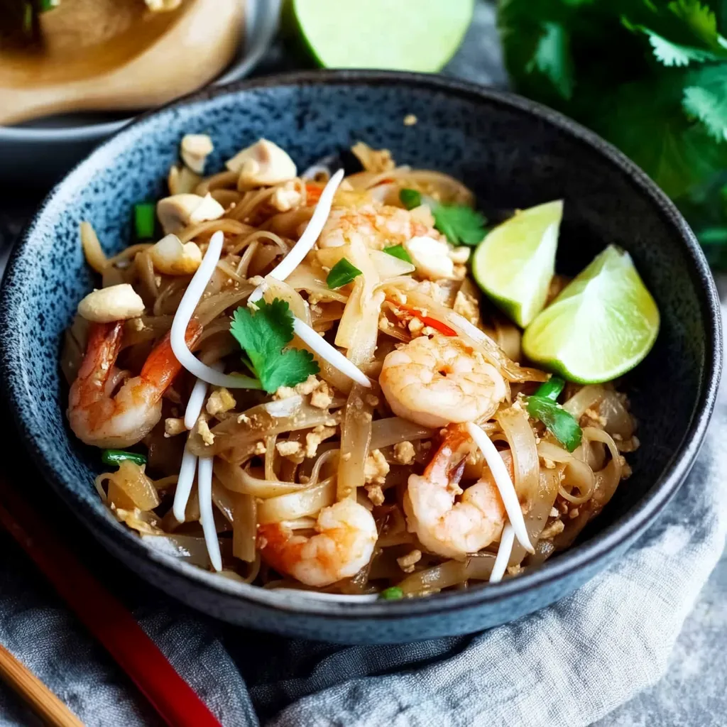 Ein Schmelztopf mit einer Mischung aus Shrimp, Noodles, Zwiebeln und Sesam.