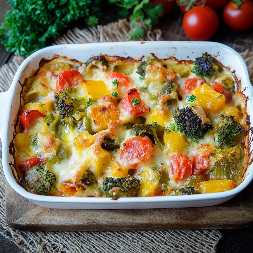 Ein weißer Teller mit einer Mischung aus Käse, Zwiebeln, Tomaten, Paprika und Brokkoli.
