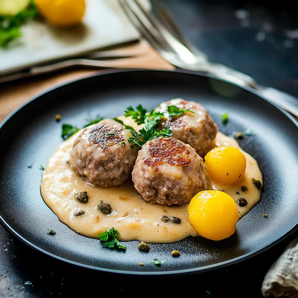 Ein schwarzes Plate mit einer Sauce und zwei saure Gurken darauf.