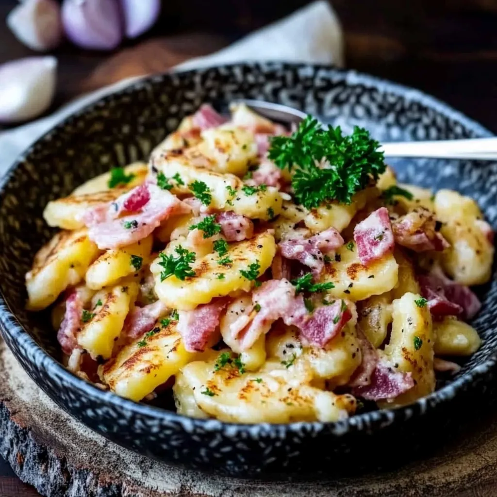 Ein Schälchen mit Pasta, Bacon und Zwiebeln.