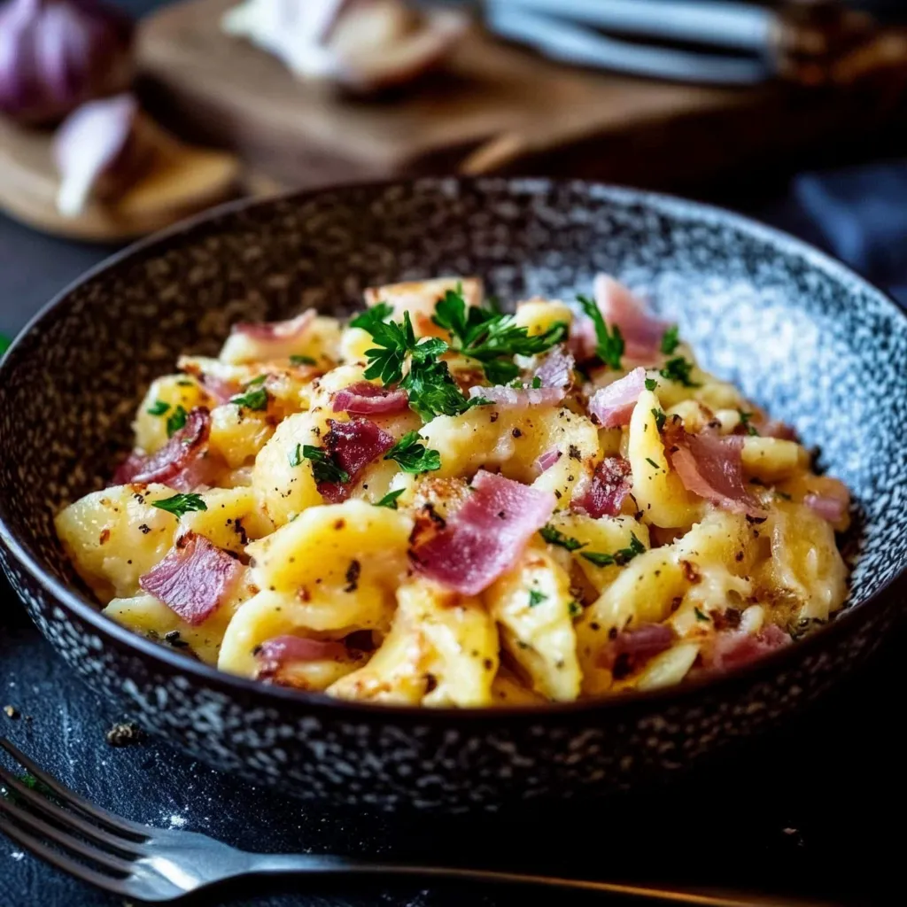 Ein Schüssel mit Pasta, Bacon und Zwiebeln.