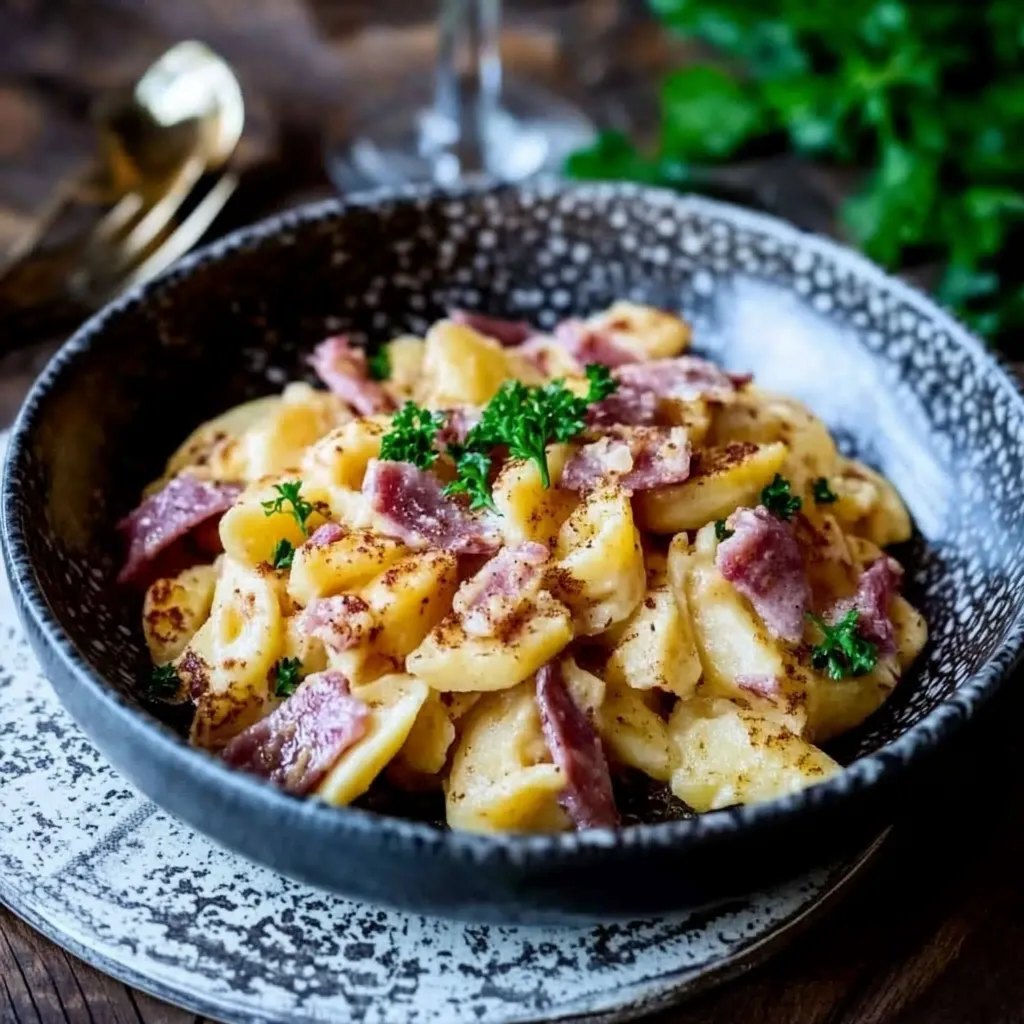 Ein Schüssel mit Pasta, Kartoffeln und Zwiebeln.