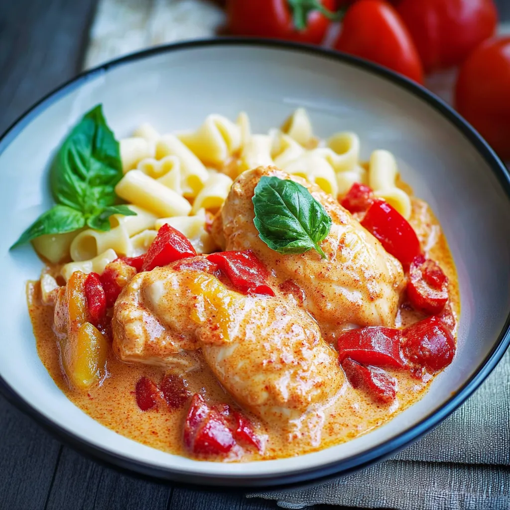 Ein Schälchen mit Pasta, Tomaten, Basilikum und Zwiebeln.