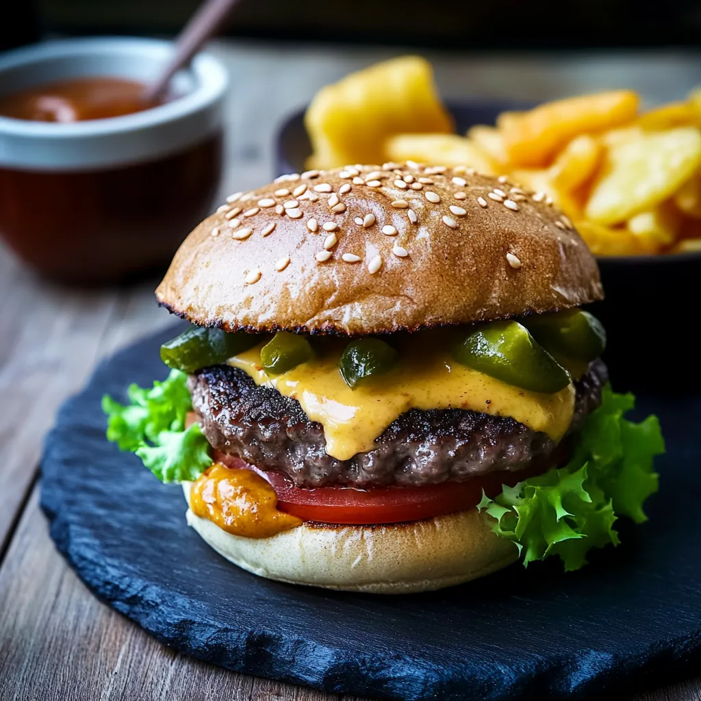 Ein Hamburger mit Ketchup und Tomaten auf einem Teller.