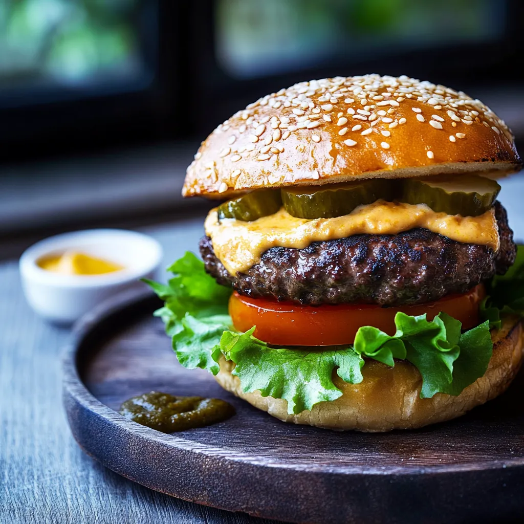 Ein großes Hamburger-Burger mit Tomaten, Ketchup und Mayonnaise auf einem Bread.