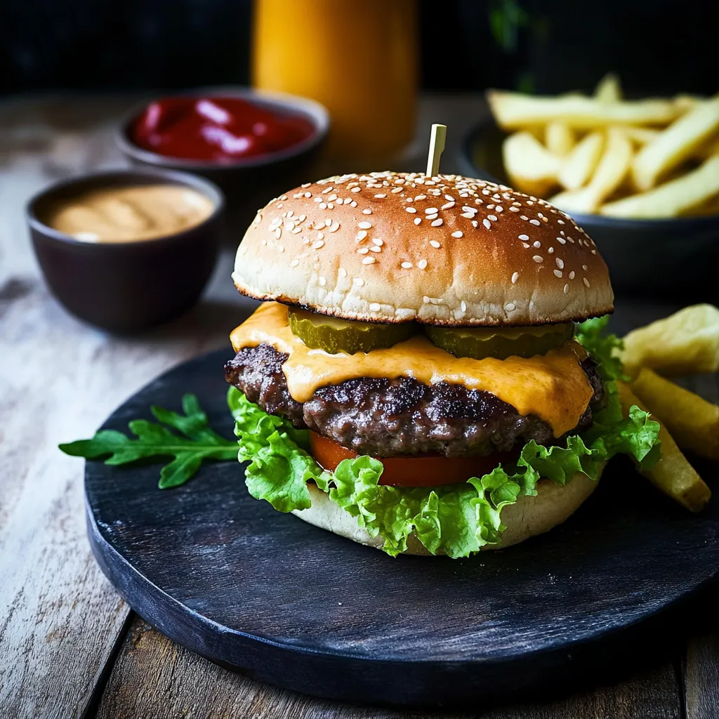 Eine Hamburger mit Ketchup und Zwiebel auf einem Teller.