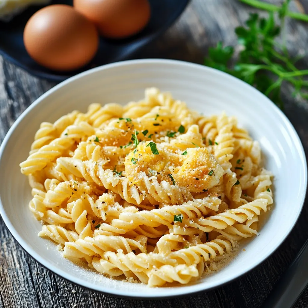 Ein weißer Teller mit Penne-Nudeln und Eiern.