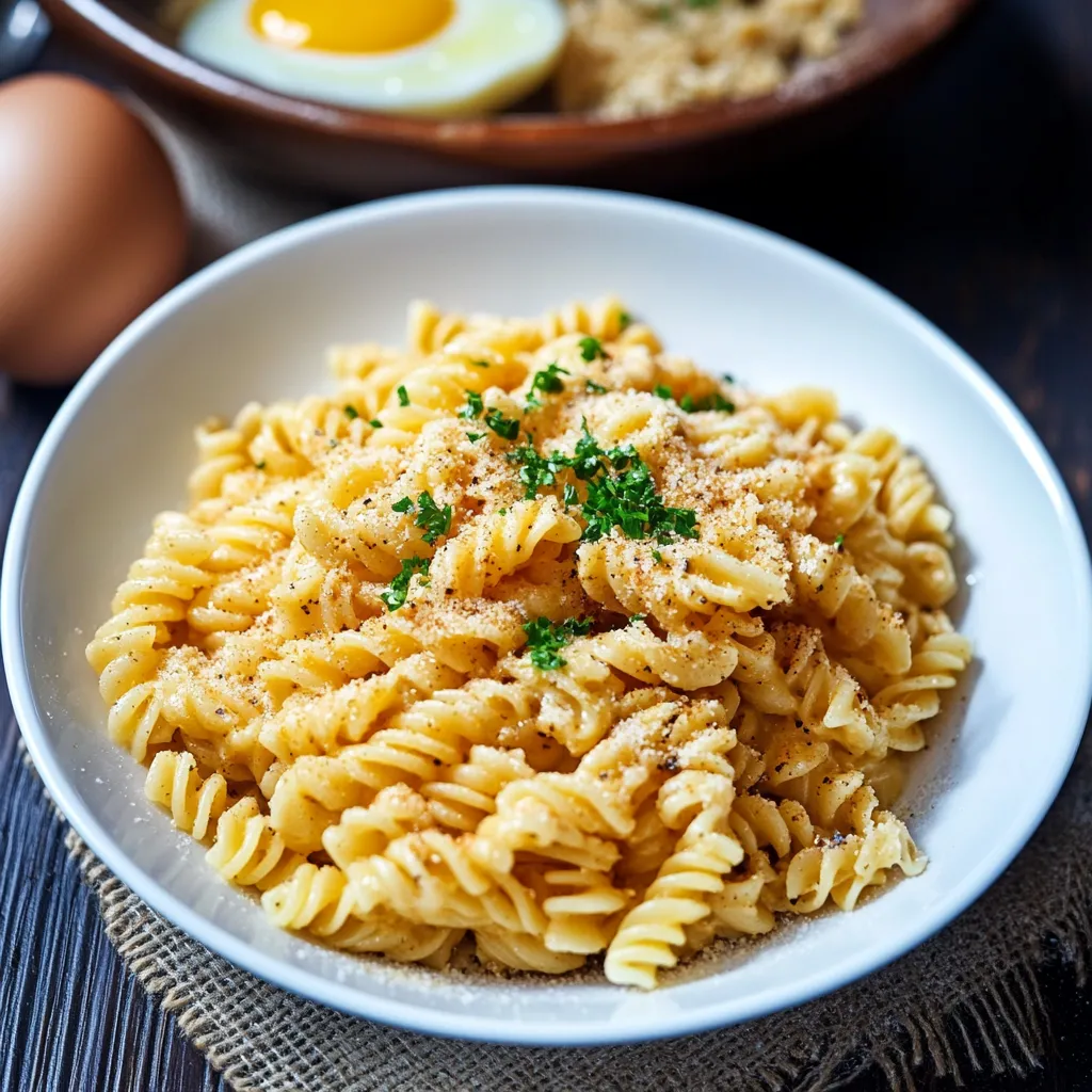 Ein weißer Teller mit Pasta, Ei und Zwiebeln.